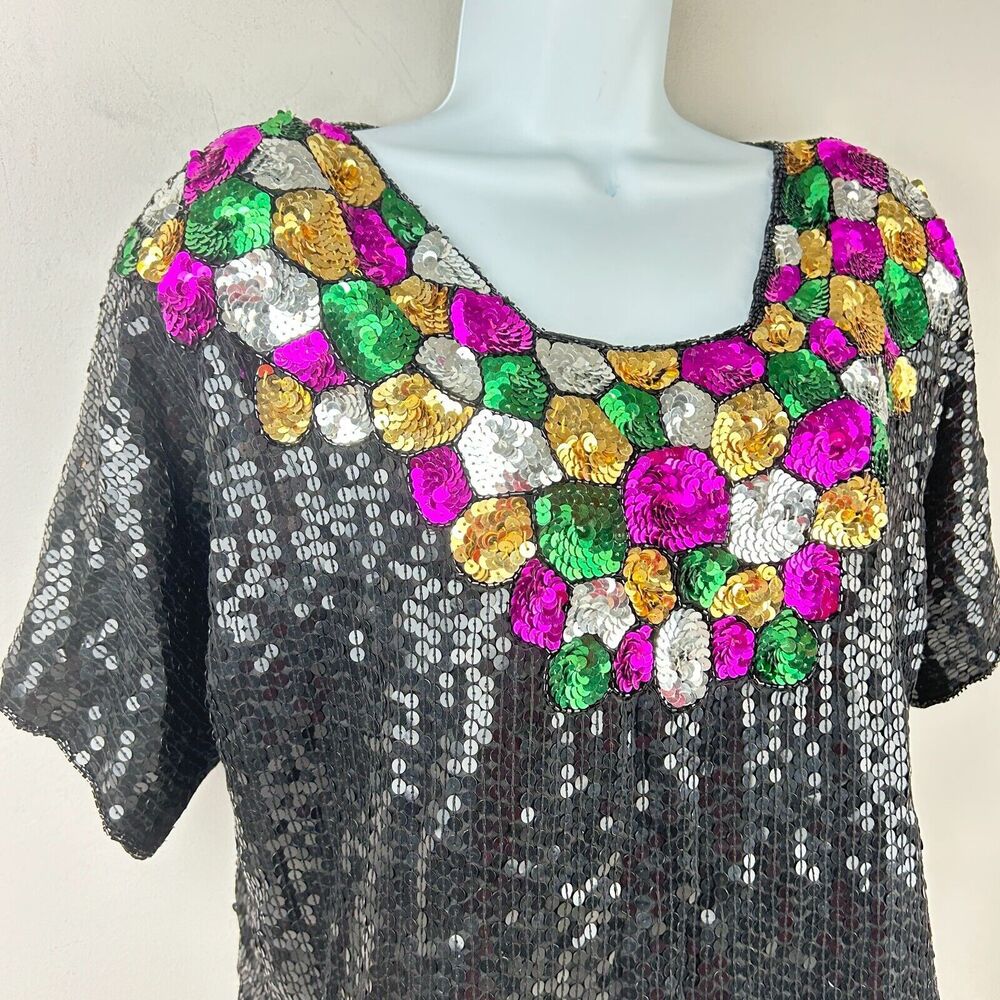 Cee Cee Vintage Evening Party Top 100% Black Silk Sequin Beaded Size L